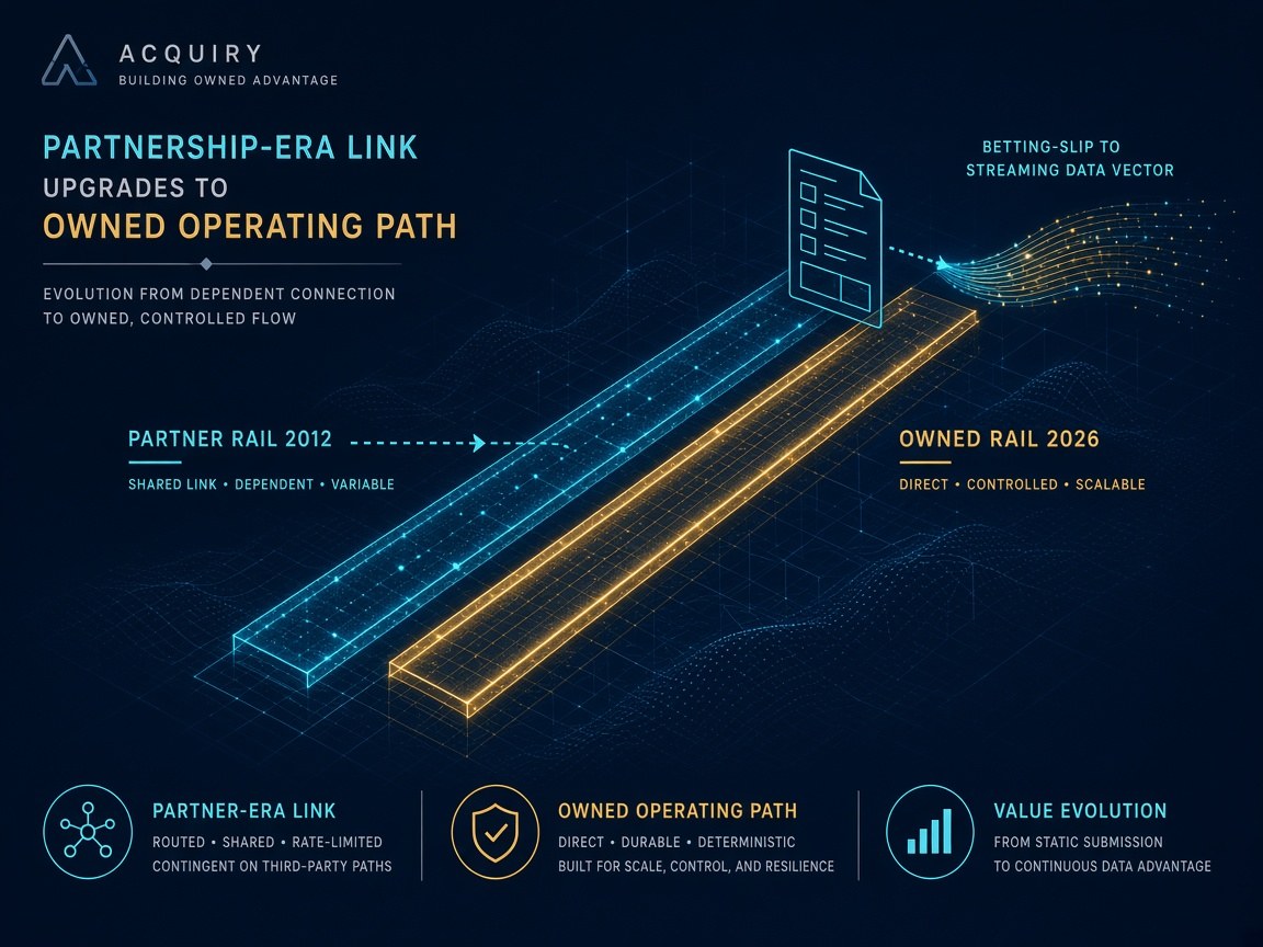 Dual isometric rails showing Gaming1 Carousel partner rail since 2012 upgrading to solid owned operating rail in 2026 with wireframe betting slip converting to data vectors