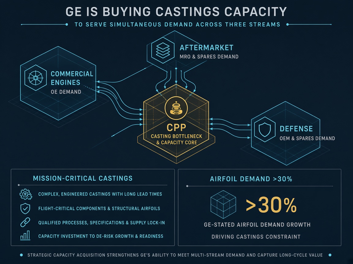 Three-node demand triad of commercial engines, aftermarket and defense feeding a gold CPP casting bottleneck core