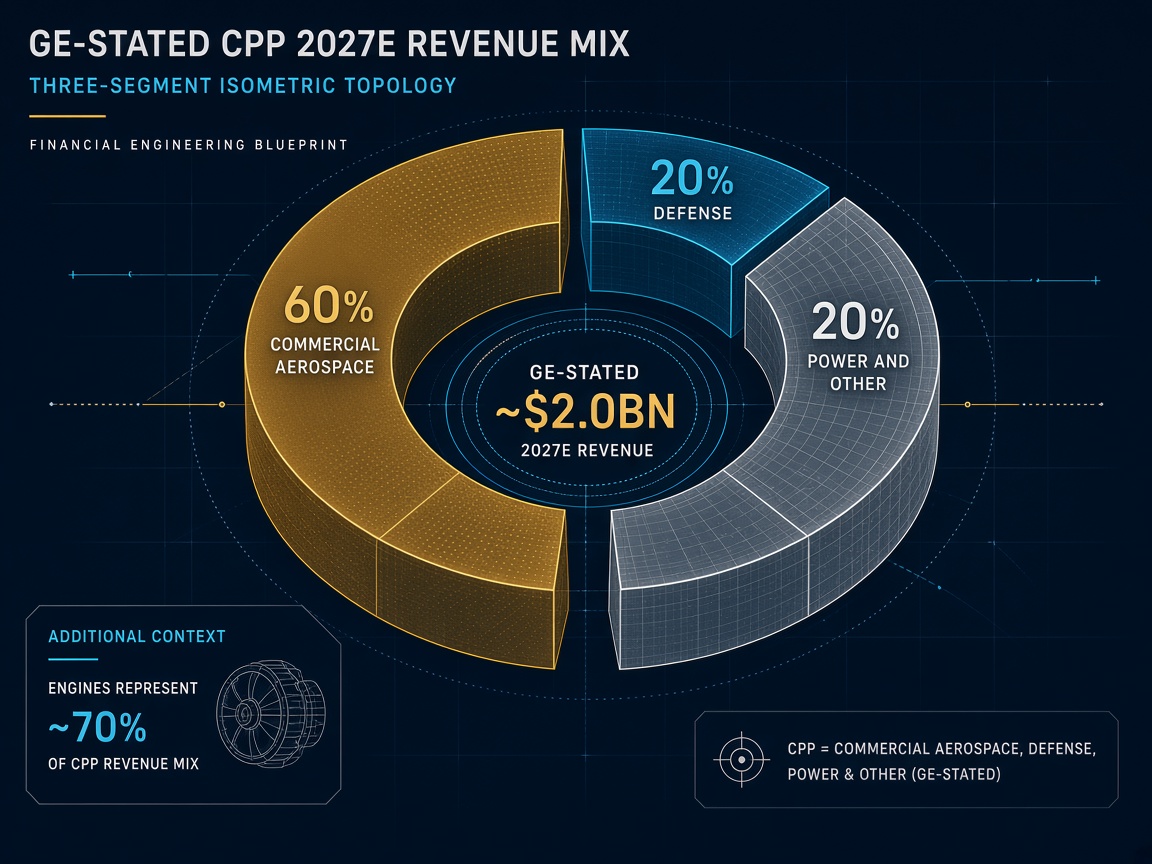 Three-segment GE-stated CPP 2027E revenue mix torus with about 60 percent commercial aerospace, 20 percent defense and 20 percent power and other around a $2.0 billion centre