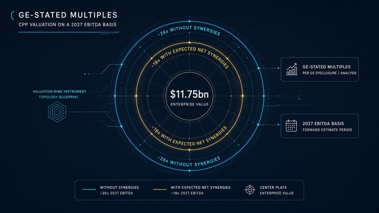 Twin concentric GE-stated valuation rings showing about 26x 2027 EBITDA without synergies and about 18x including expected net synergies around an $11.75 billion centre