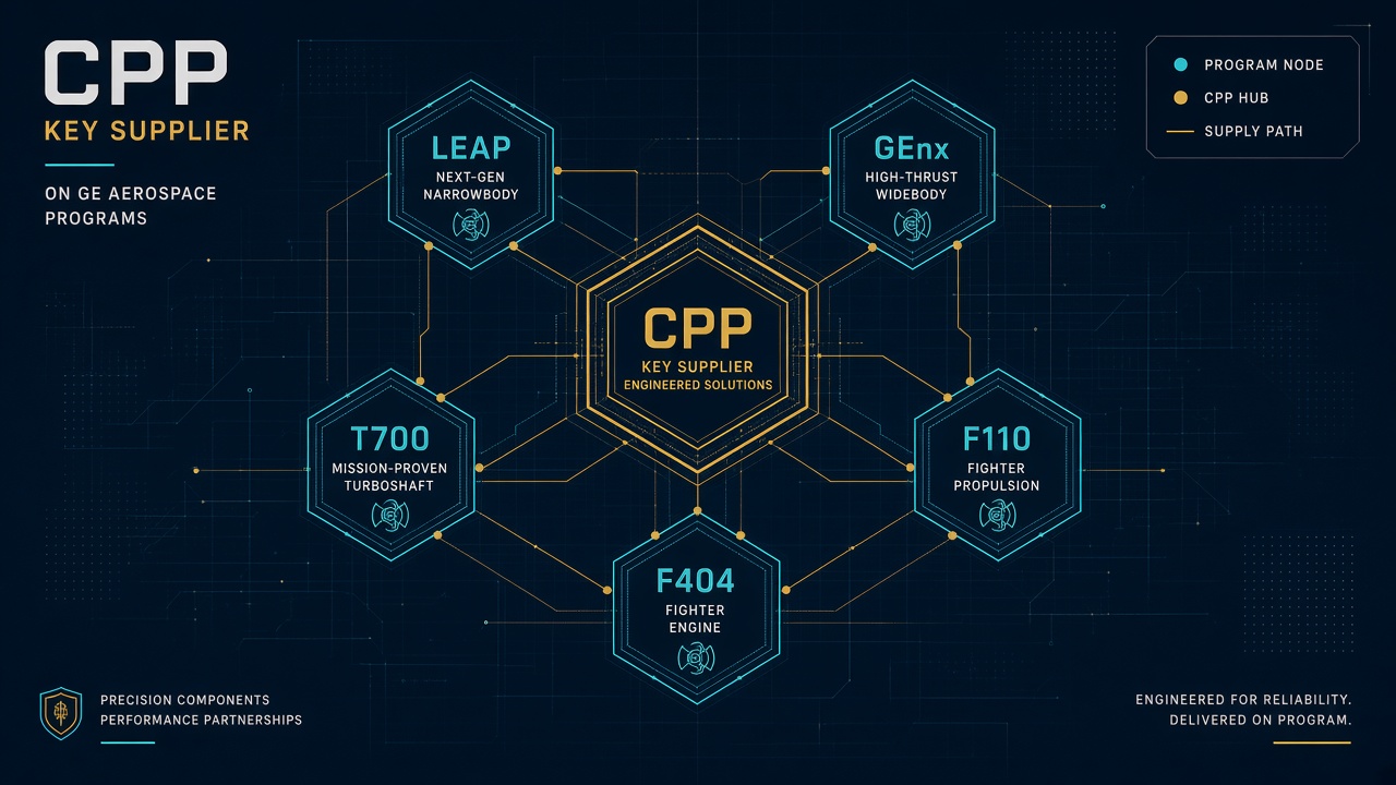 Five-node GE Aerospace program lattice around a gold CPP hub labelled LEAP, GEnx, T700, F110 and F404
