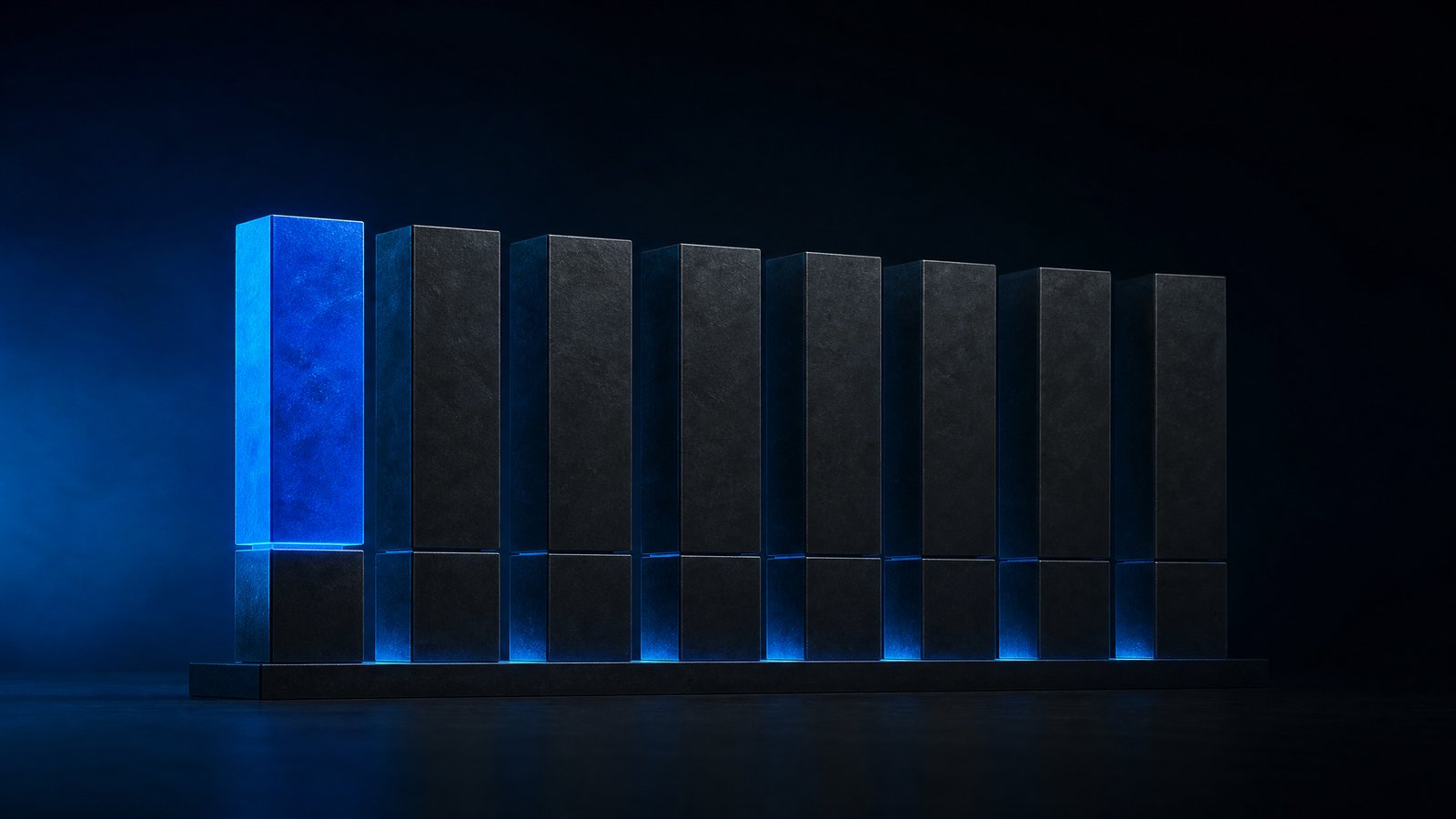 Abstract illuminated cobalt-blue ownership pillar among dark graphite forms