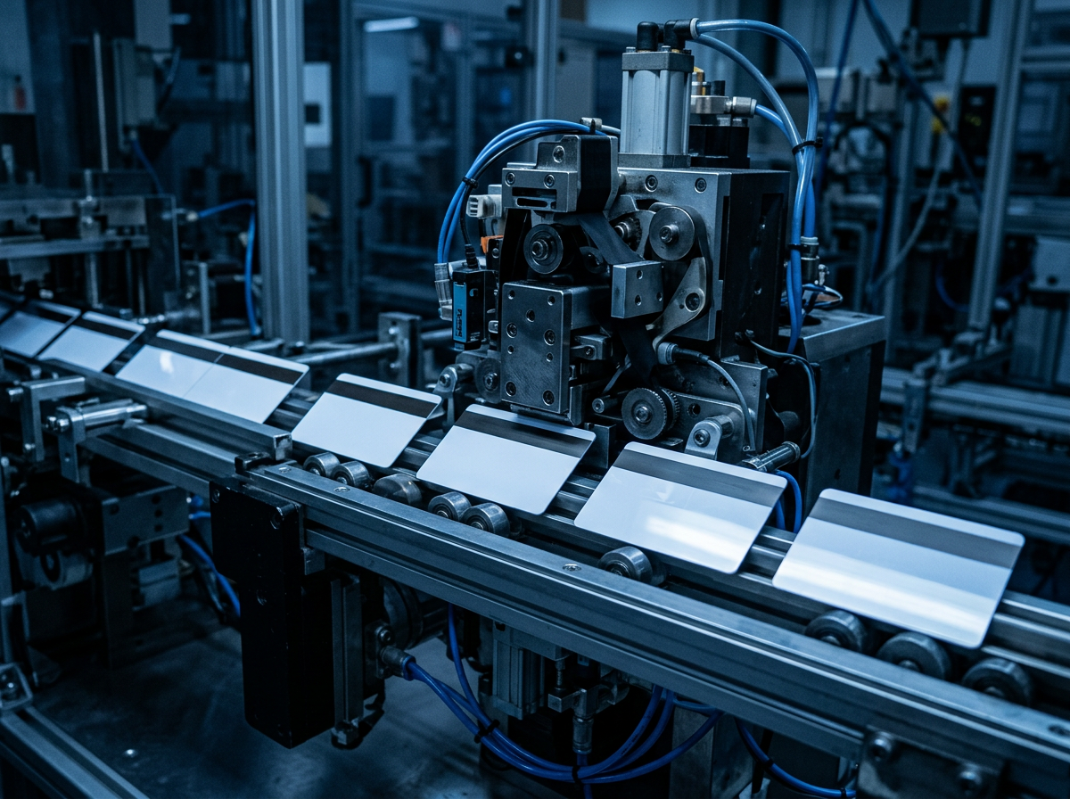 Rows of blank payment cards moving through a card personalisation line in a bright, secure facility.