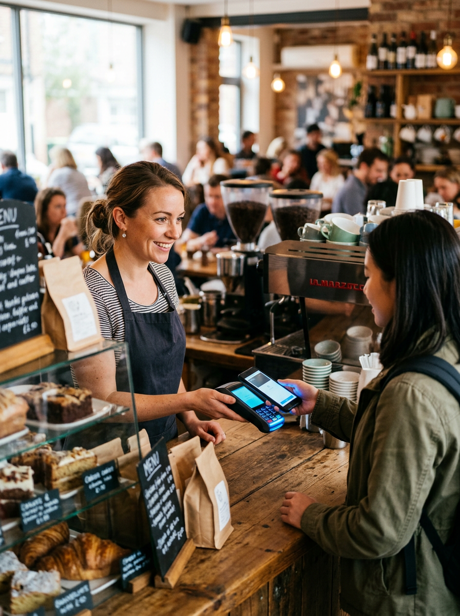 A shop owner holds a card terminal as a customer taps a phone to pay, warm light across a small retail counter.