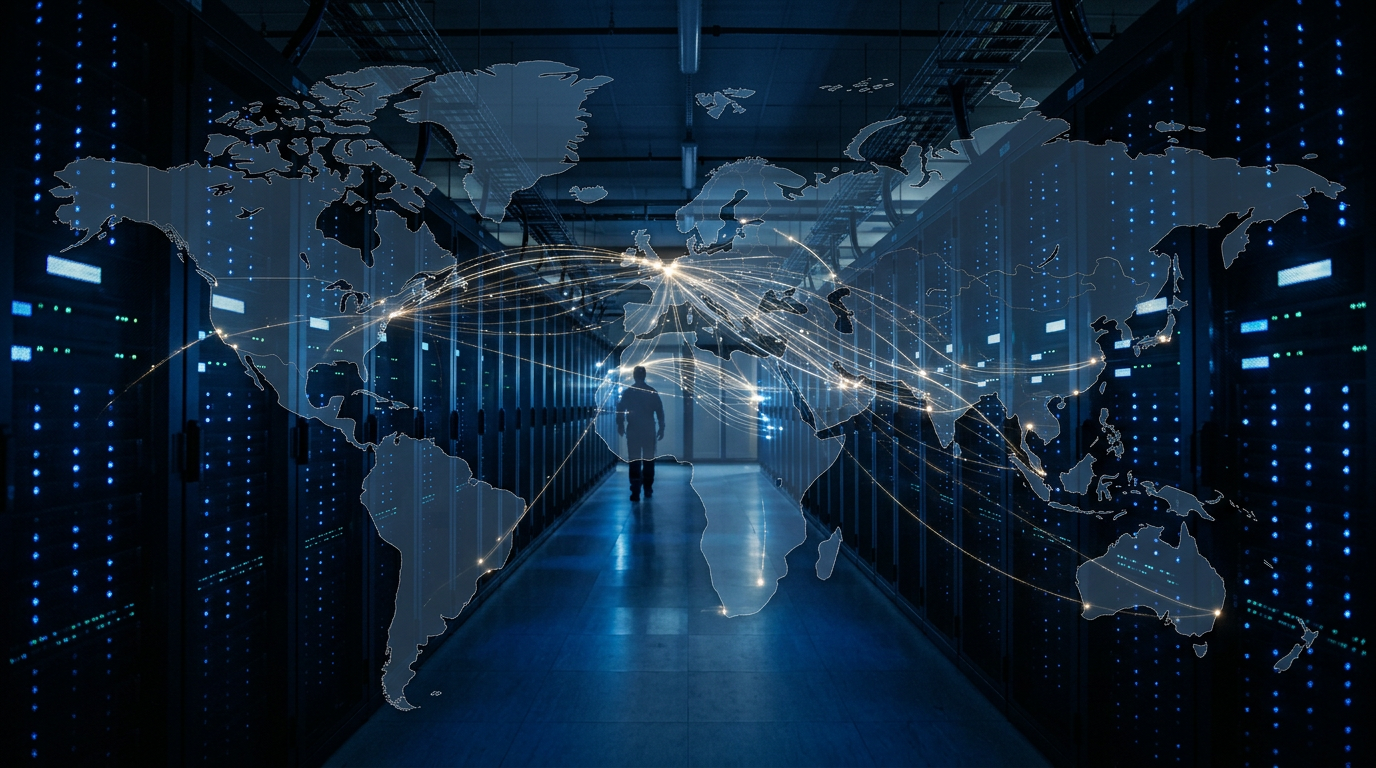 A night-time globe traced with bright payment routes linking cities across North America, Europe and Asia.