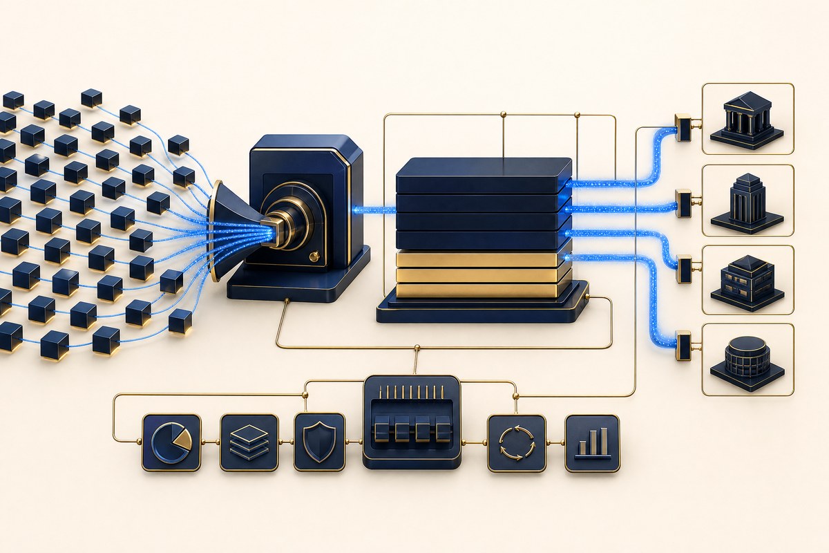 Layered loan tranches feeding a structured-credit engine representing Palmer Square's CLO platform