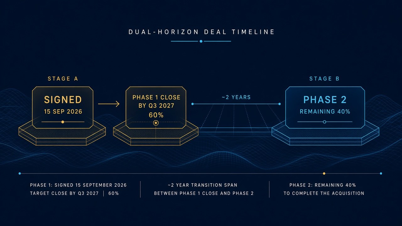 Dual-horizon timeline from 15 September 2026 signing through Phase 1 close by Q3 2027 at 60 percent then Phase 2 remaining 40 percent about two years later