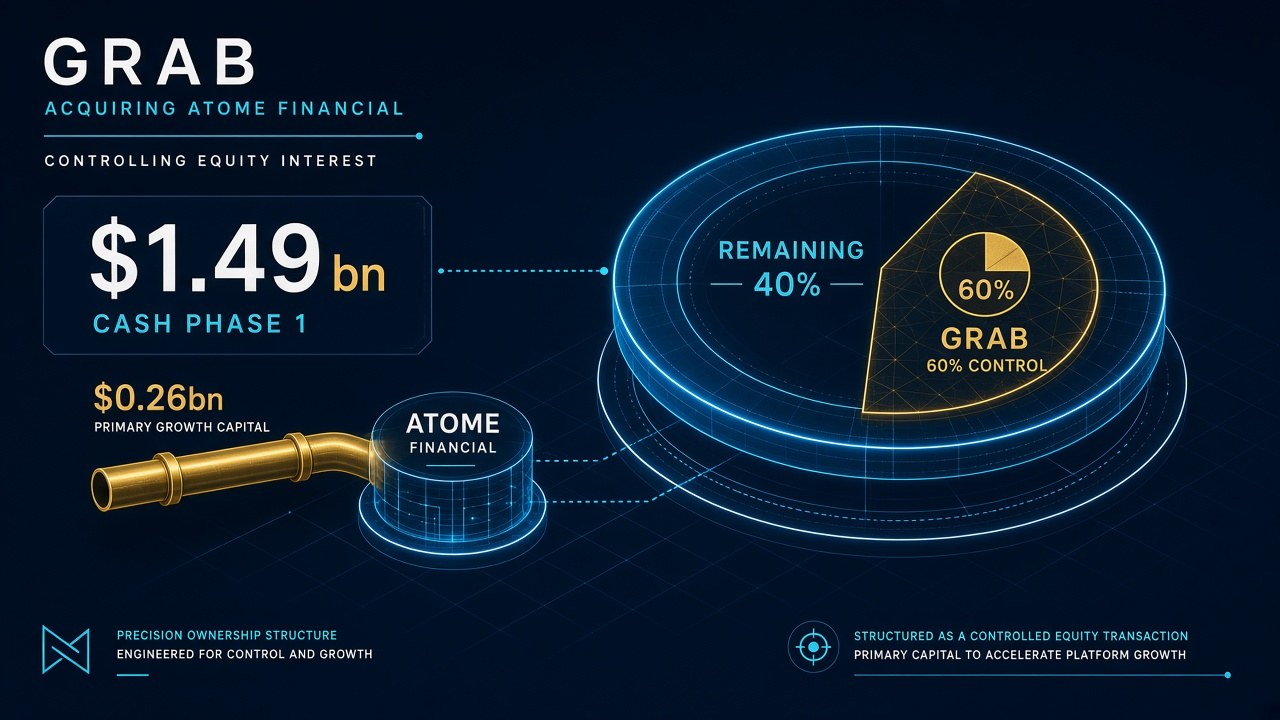 Grab taking a 60 percent gold control sector of Atome Financial for $1.49 billion cash, with a $0.26 billion primary capital pipe into the platform
