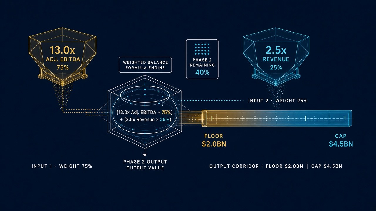 Phase 2 formula engine weighting 13.0 times adjusted EBITDA at 75 percent and 2.5 times revenue at 25 percent inside a $2.0 billion floor and $4.5 billion cap