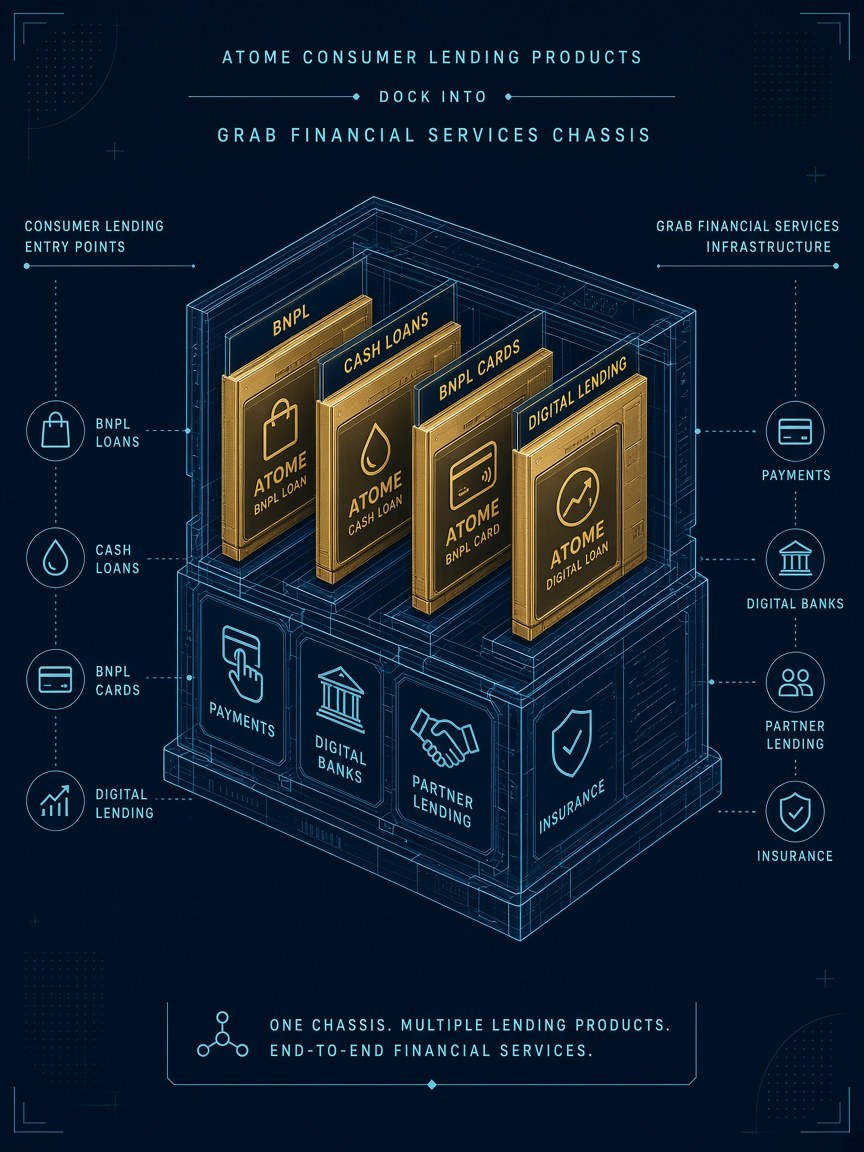 Atome BNPL, cash loans, BNPL cards and digital lending cartridges docking into Grab financial services chassis of payments, digital banks, partner lending and insurance