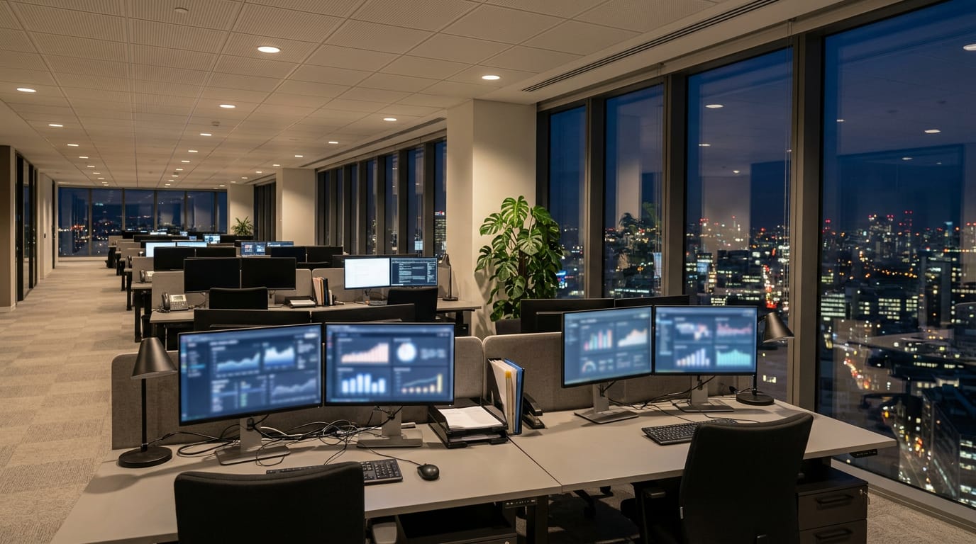 A quiet insurance claims office after hours with rows of desks and dual monitors showing blurred blue dashboards, city lights through the windows