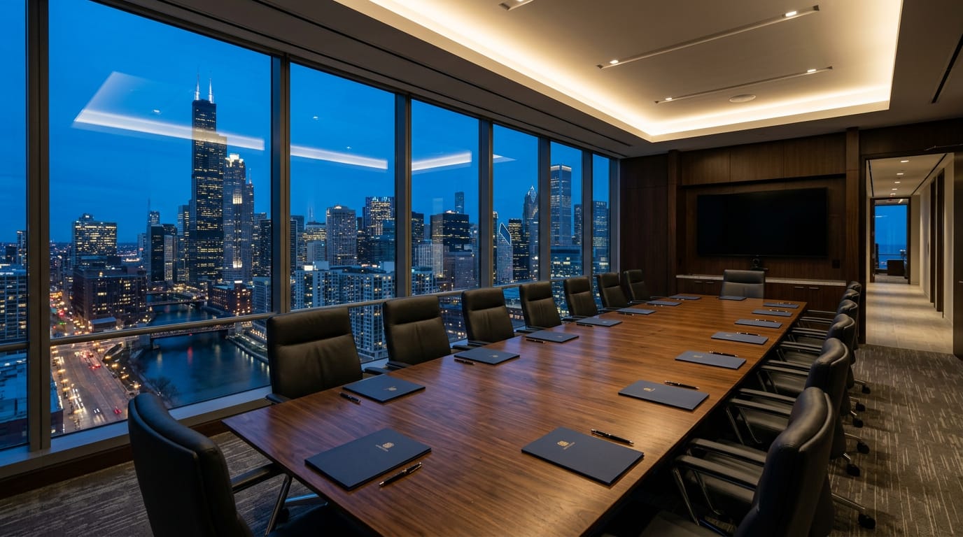 An empty high-floor boardroom at dusk with a long dark wood table, leather chairs and closed navy folders, Chicago towers through the windows