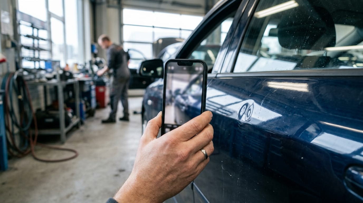 A hand holding a smartphone photographing a small dent on the rear door of a dark blue car in a bright repair bay