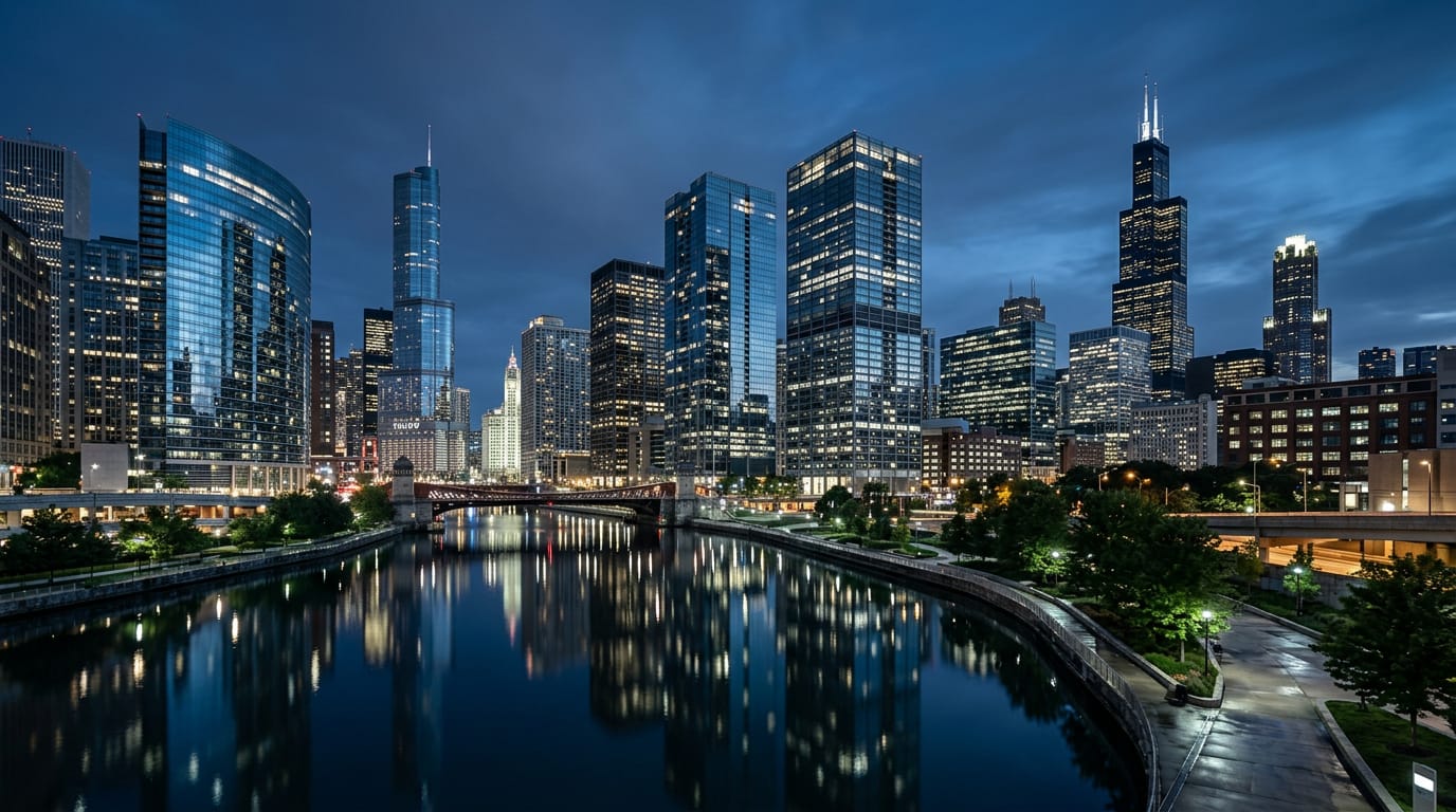 The Chicago skyline and river at blue hour with glass towers lit from within and calm reflections on the water