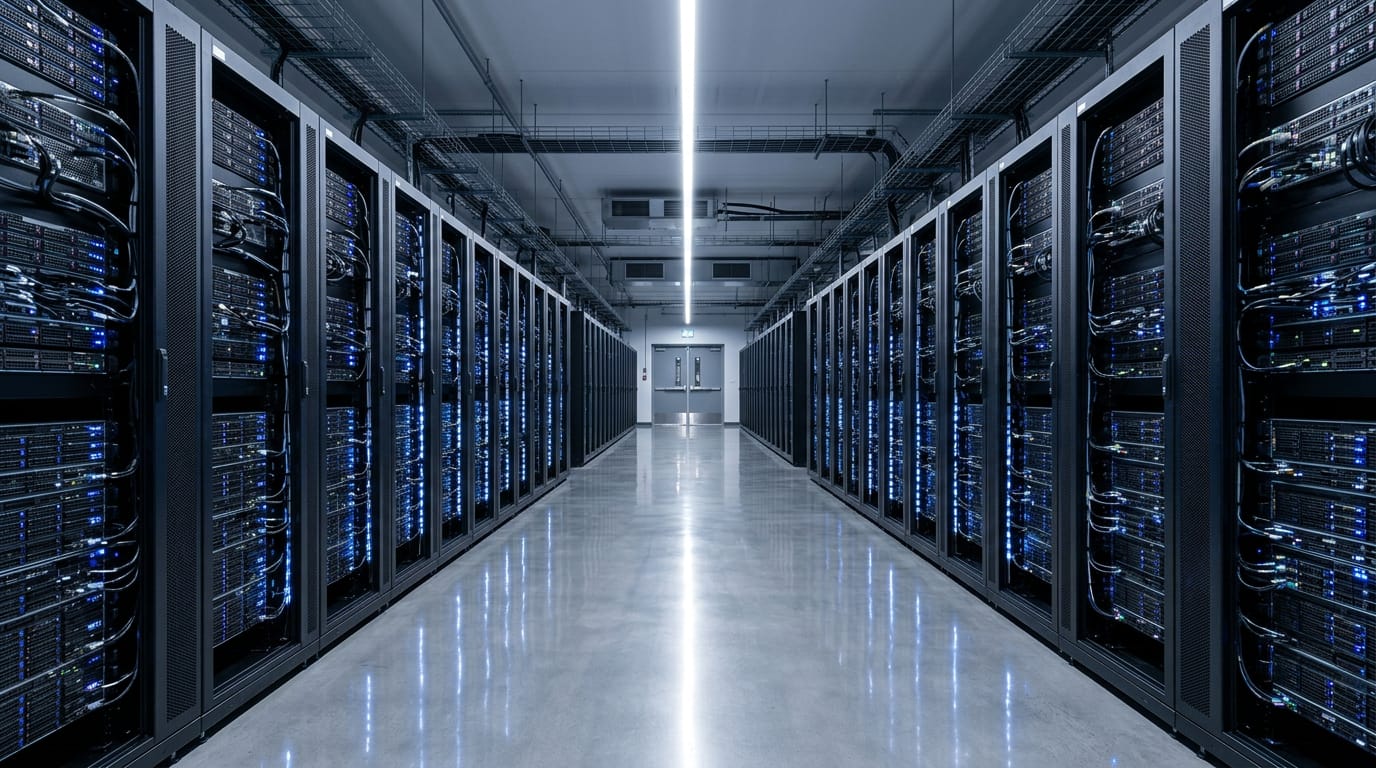 A modern data centre aisle with rows of server racks showing small blue and white status lights, symmetrical perspective