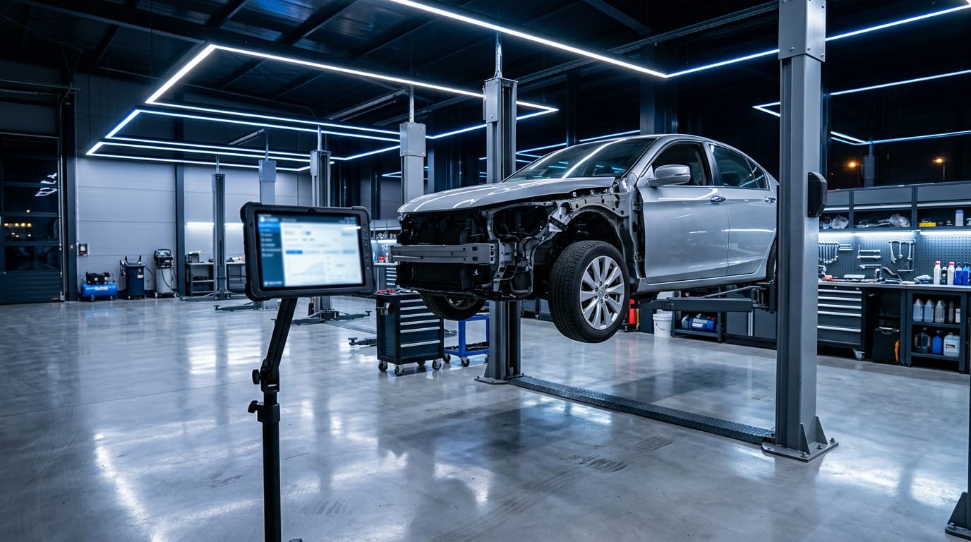 A modern collision repair workshop at night with a silver sedan on a lift and a tablet on a stand beside it, cool blue LED lighting