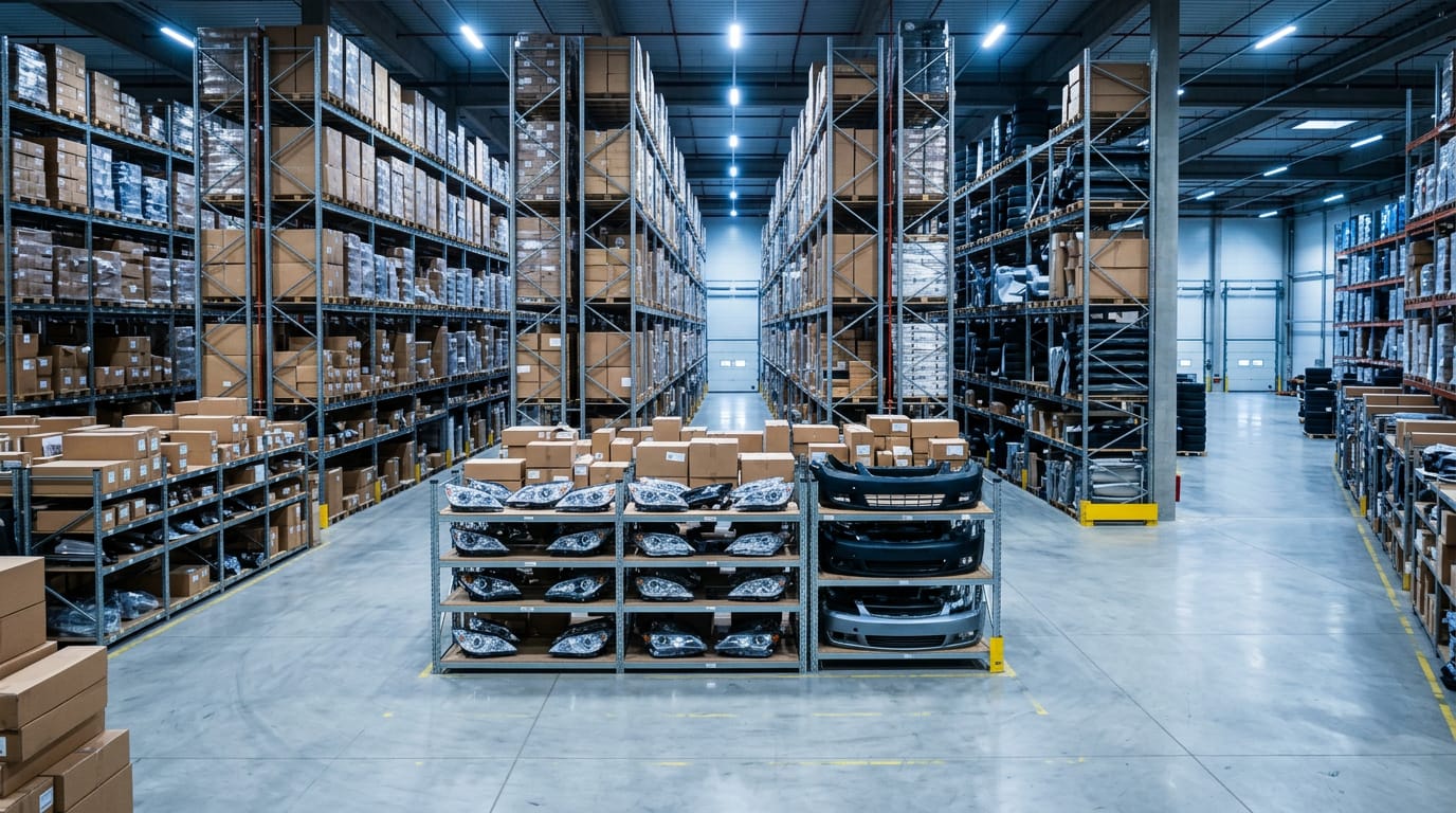 An automotive parts distribution warehouse with tall shelves of boxed car parts and new headlamps and bumpers on racks under cool industrial lighting