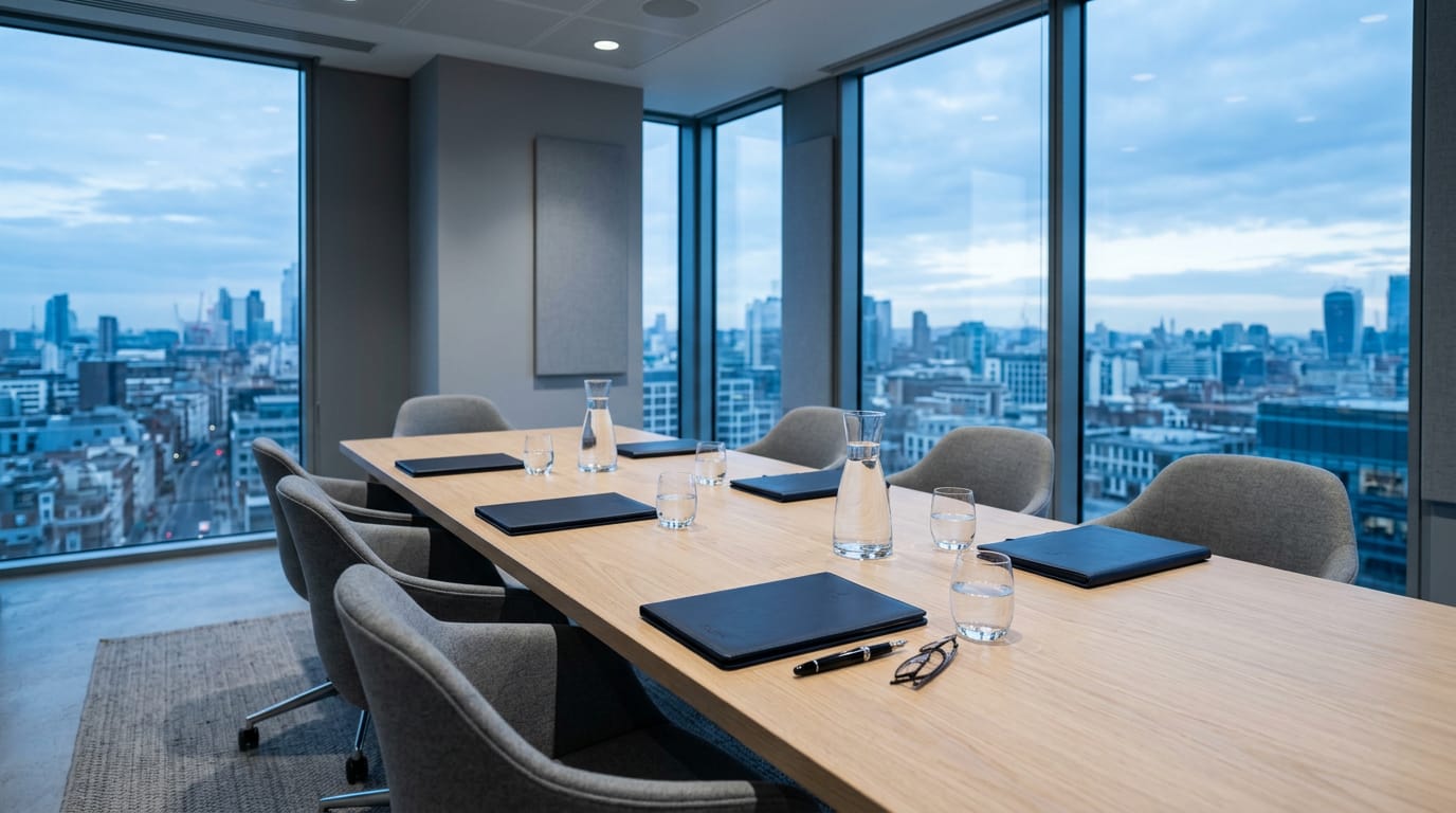 A quiet modern boardroom with a long pale oak table, closed navy folders and a fountain pen, cool blue morning light through tall windows
