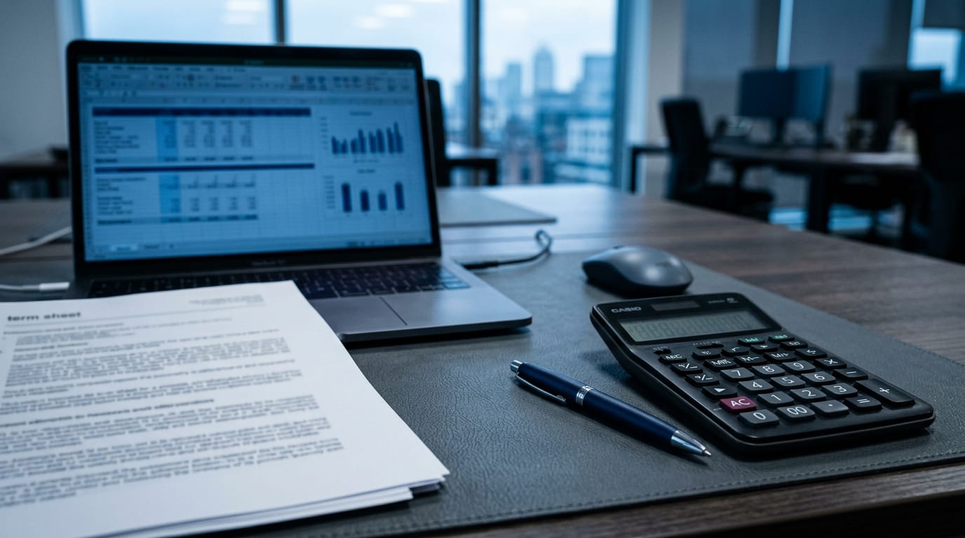 A desk in a corporate finance office with a laptop showing a blurred blue spreadsheet and a printed term sheet out of focus