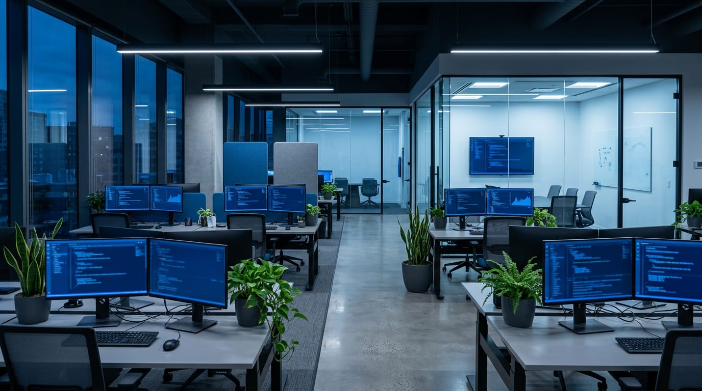 An open-plan software engineering floor in the evening with empty desks and monitors showing blurred blue interfaces