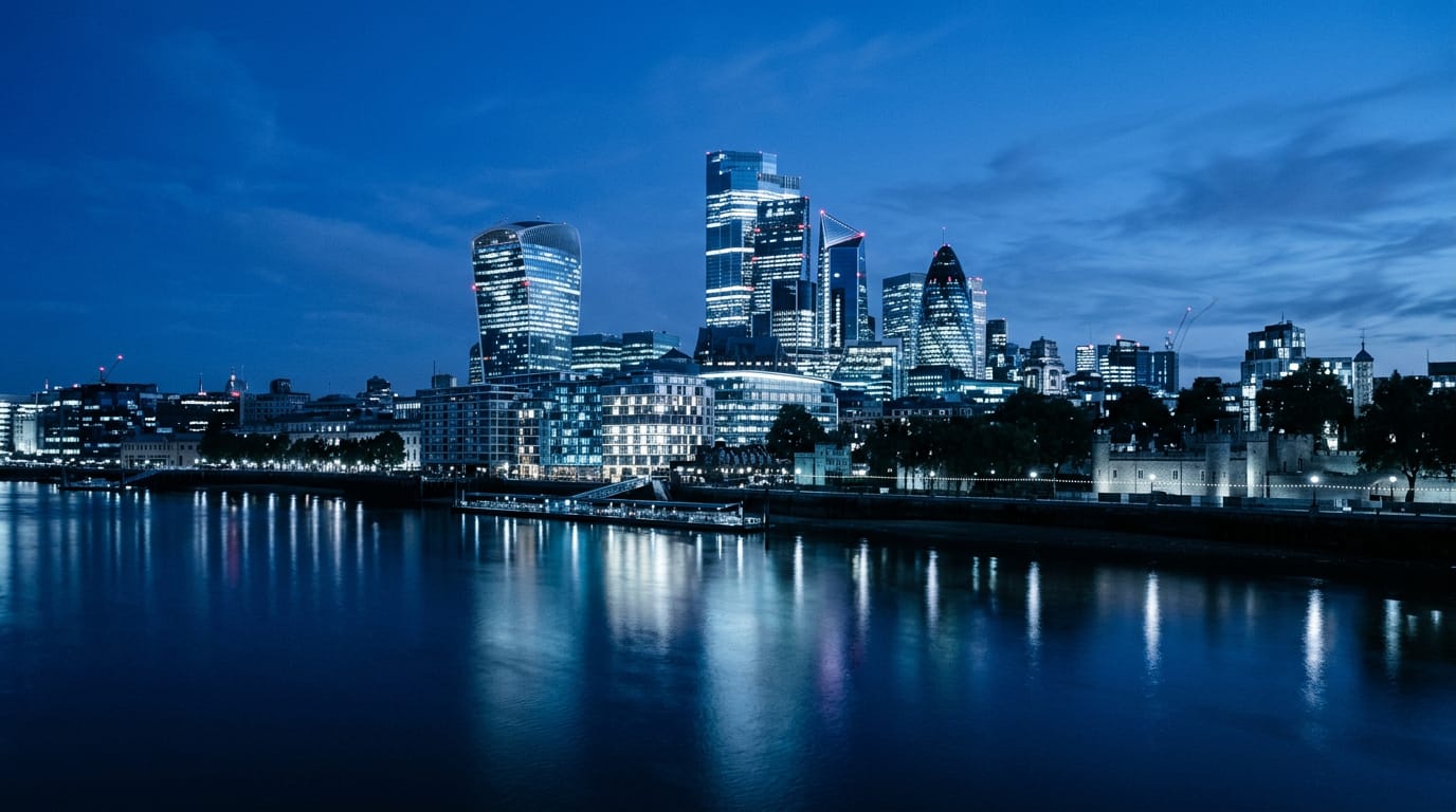 The City of London financial district at blue hour seen across the River Thames, glass towers lit in cool white