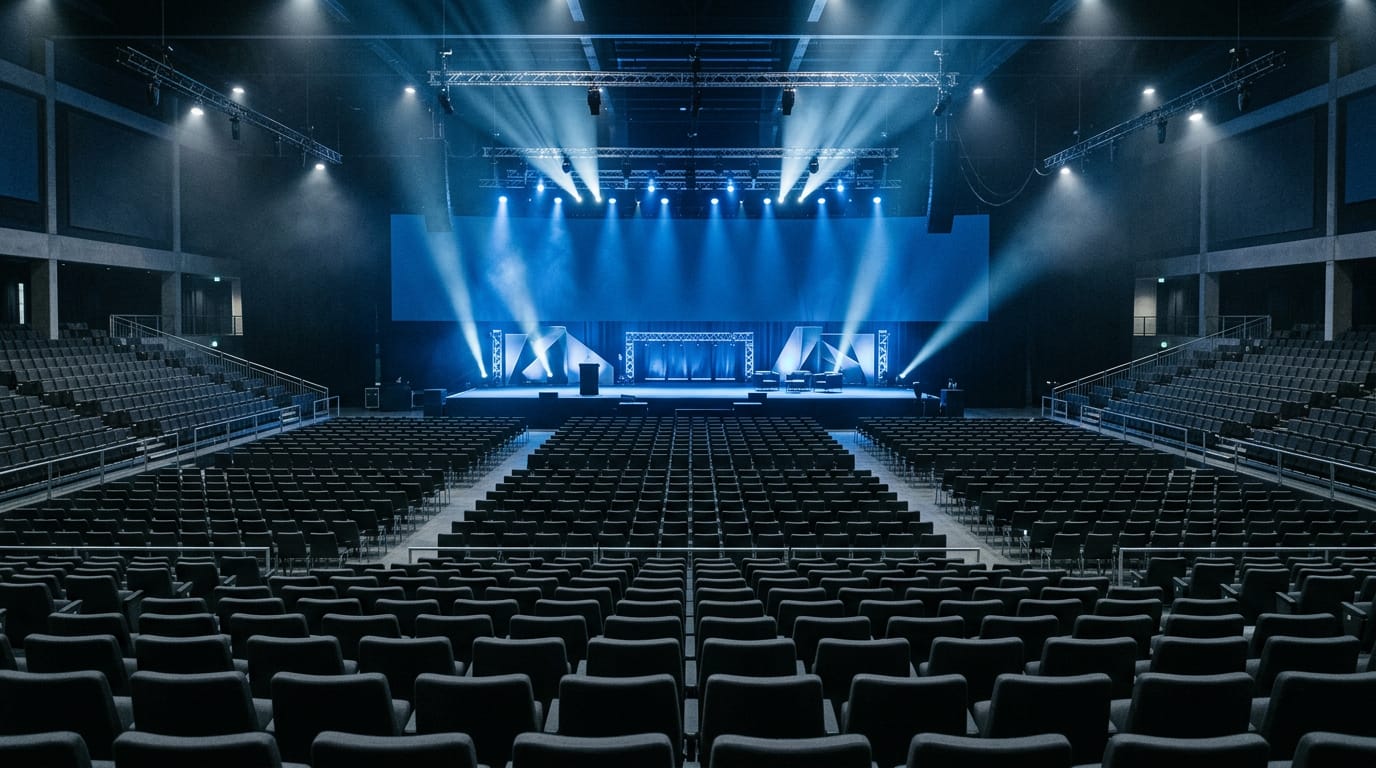 An empty keynote hall before a technology conference, dark seats facing a stage lit in cool blue and white light