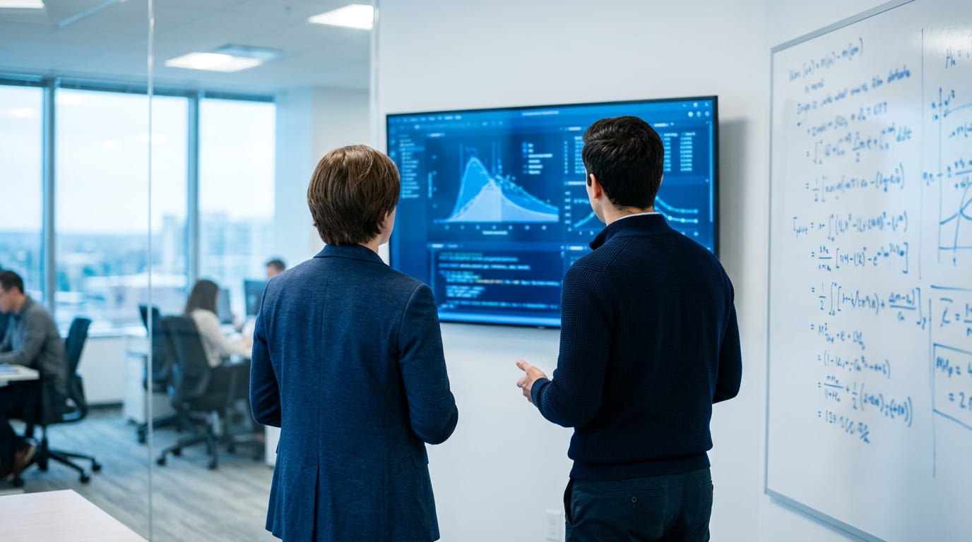 Two actuaries seen from behind looking at a monitor with blurred blue model curves and code in a bright office