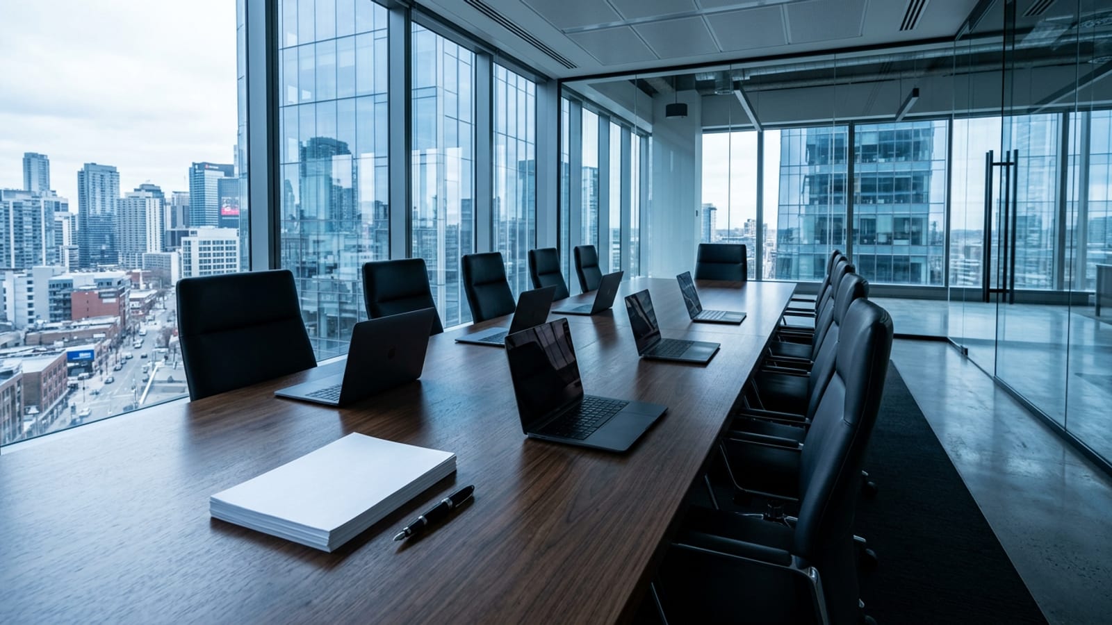 An empty minimalist boardroom at night with a pale oak table, grey chairs, a closed leather folder and a fountain pen