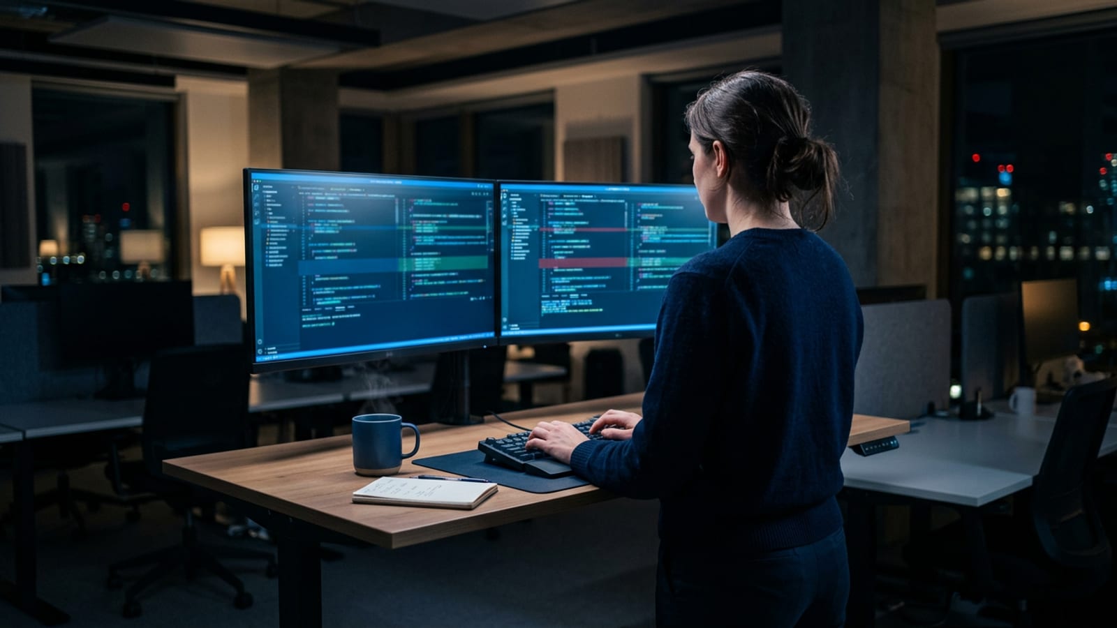 A software engineer seen from behind at a standing desk at night, two monitors showing blurred code review panels in cool blue light