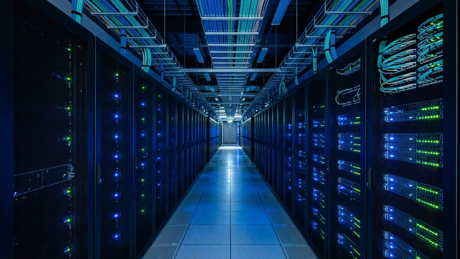 A long aisle in a modern data centre with rows of black server racks lit by tiny blue status lights