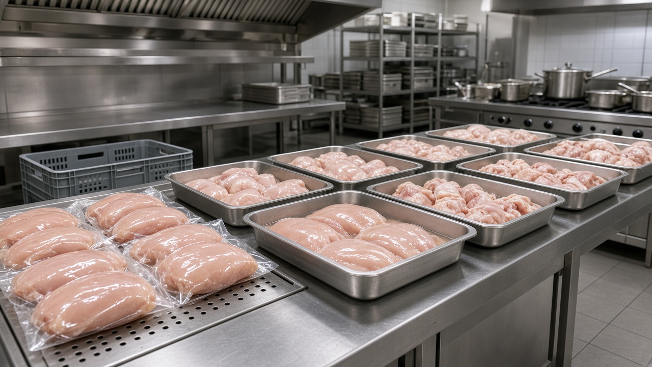 Commercial foodservice kitchen prep line with packaged poultry products staged for institutional catering.