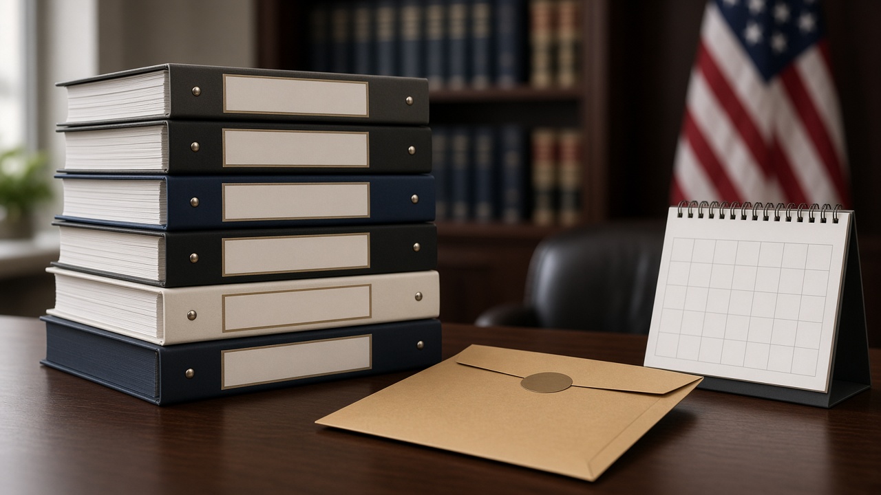 Legal binders and a sealed courier envelope on a law-office desk ahead of Hart-Scott-Rodino antitrust clearance.