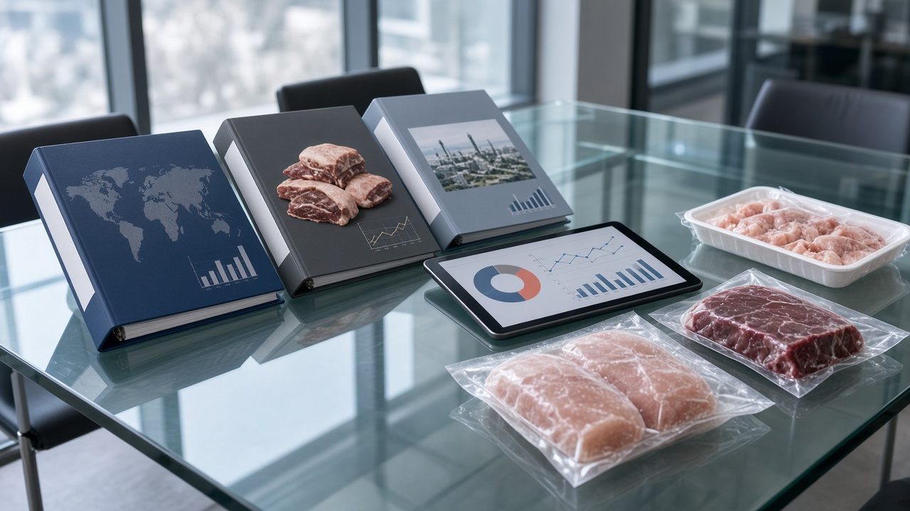 Protein industry research binders and frozen packaging samples on a glass conference table used to compare recent chicken acquisitions.