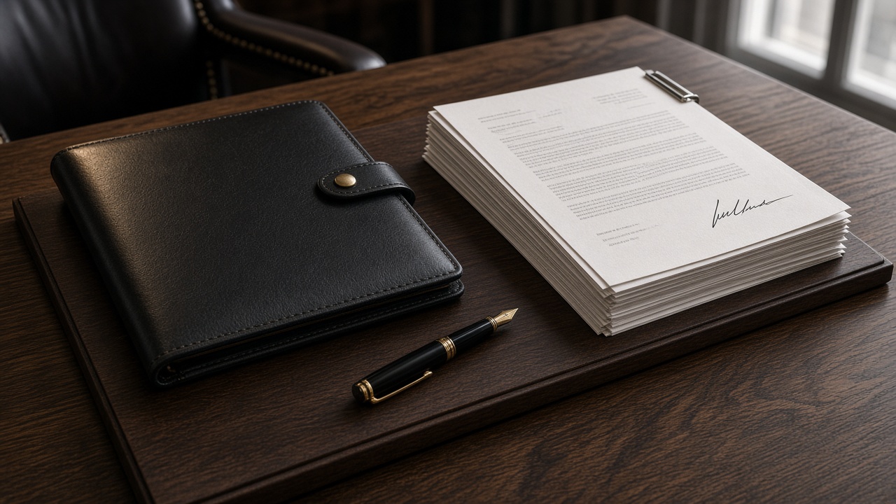 A signed membership interest purchase agreement and fountain pen on a dark boardroom table after a cash acquisition close.