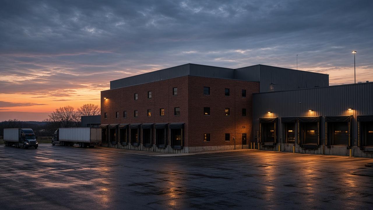 A chicken processing facility exterior at dusk, trucks loading at a Midwest industrial site.