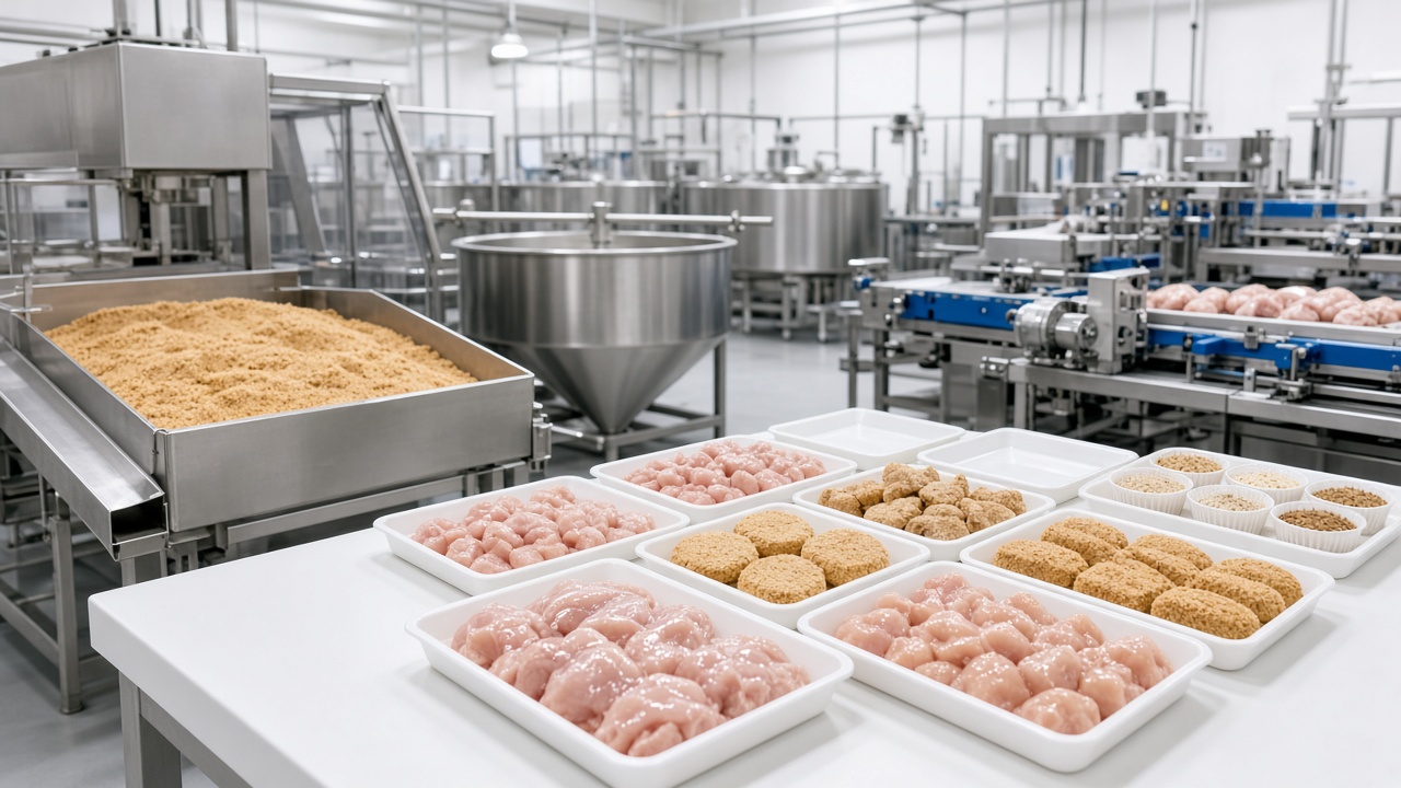 Stainless mixers, breading stations and portioning equipment inside a value-added chicken processing plant with an adjacent R&D bench.