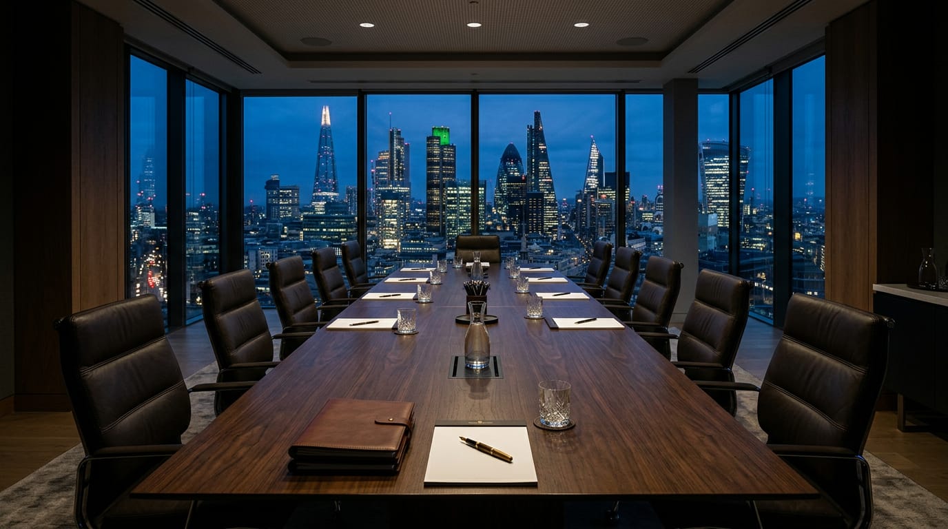 An empty glass-walled boardroom at night with leather chairs around a long table and a lit city skyline beyond the windows