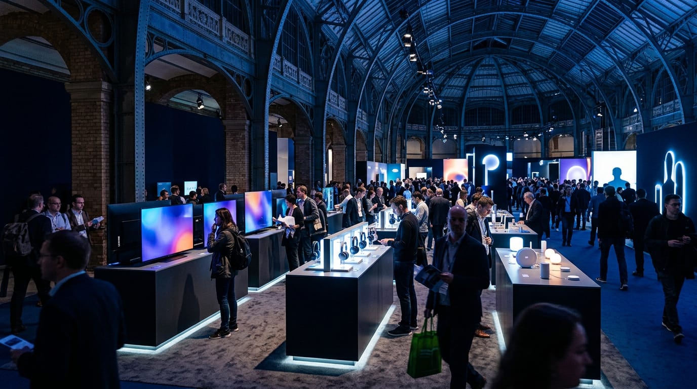 Visitors walk through a glowing consumer electronics exhibition hall with large screens and product displays lit in blue
