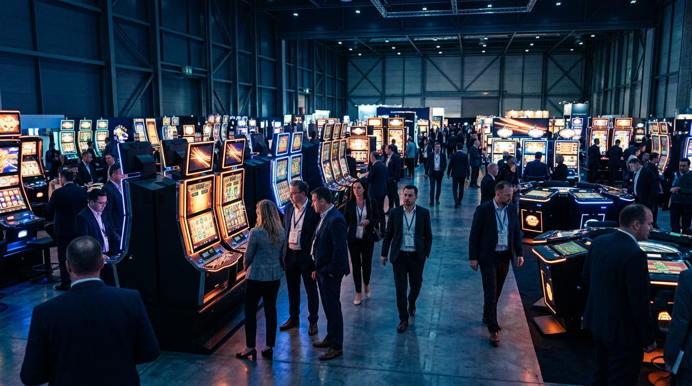 A busy gaming trade show floor lit in deep blue, with rows of slot machine cabinets and visitors walking between stands