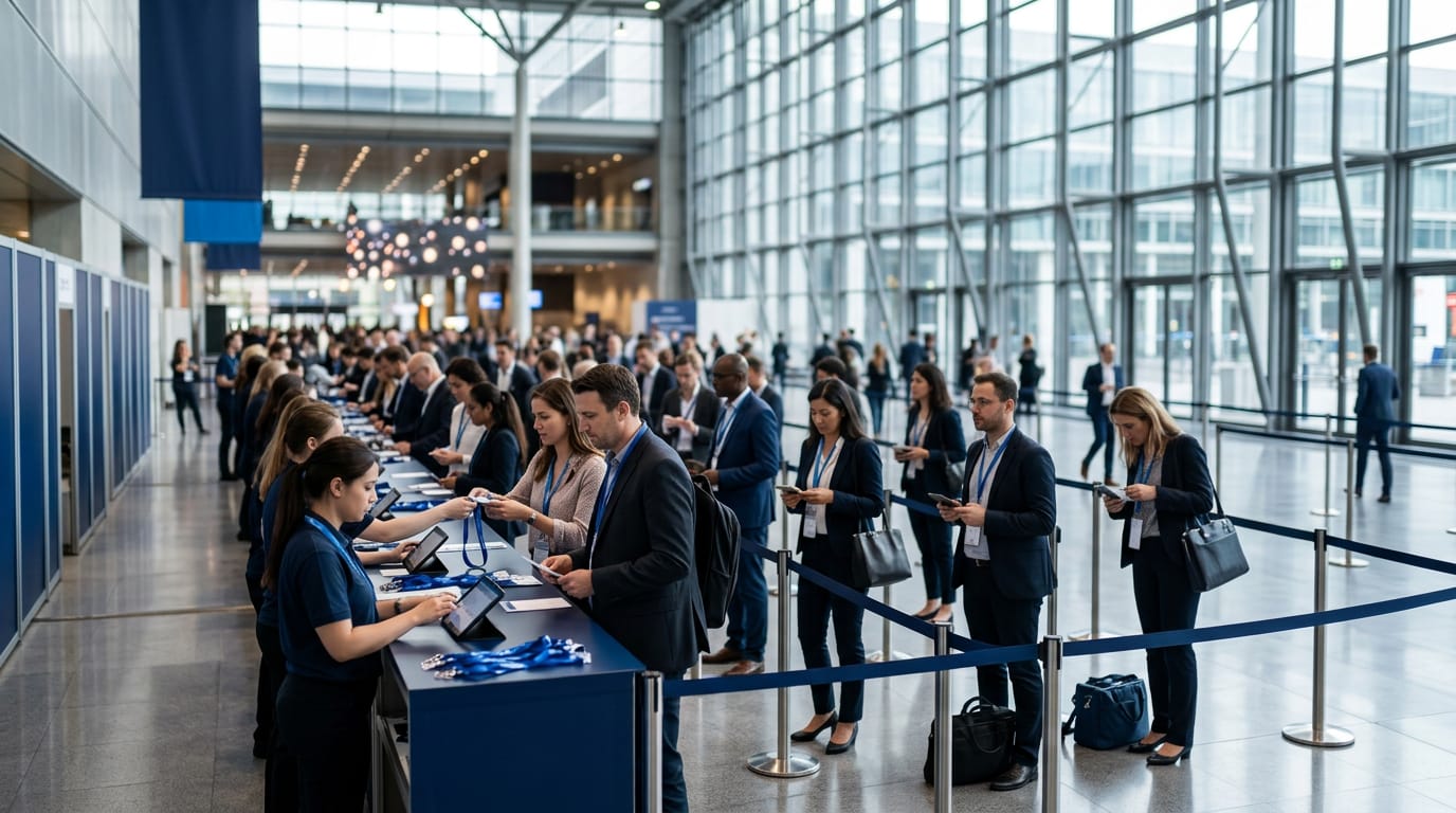 Delegates queue at a modern conference registration hall lit in deep blue, with badge desks and large hanging screens