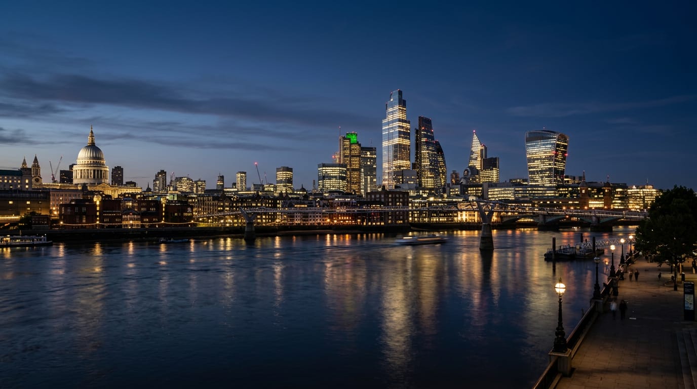 The City of London skyline at blue hour with lit towers reflected in the River Thames under a deep navy sky