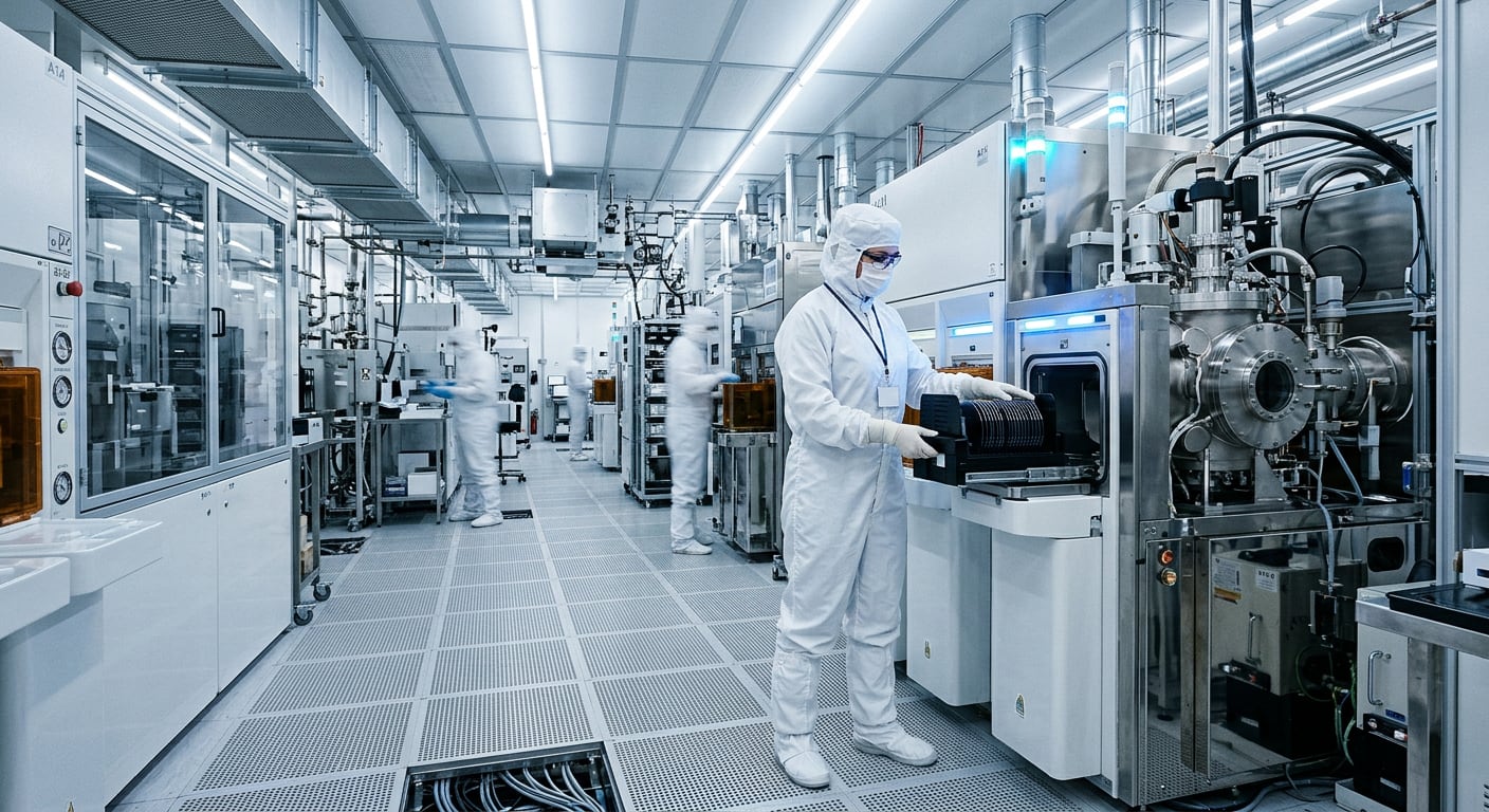 Engineers in full cleanroom suits inspect a silicon wafer under cool blue light in a semiconductor fabrication facility