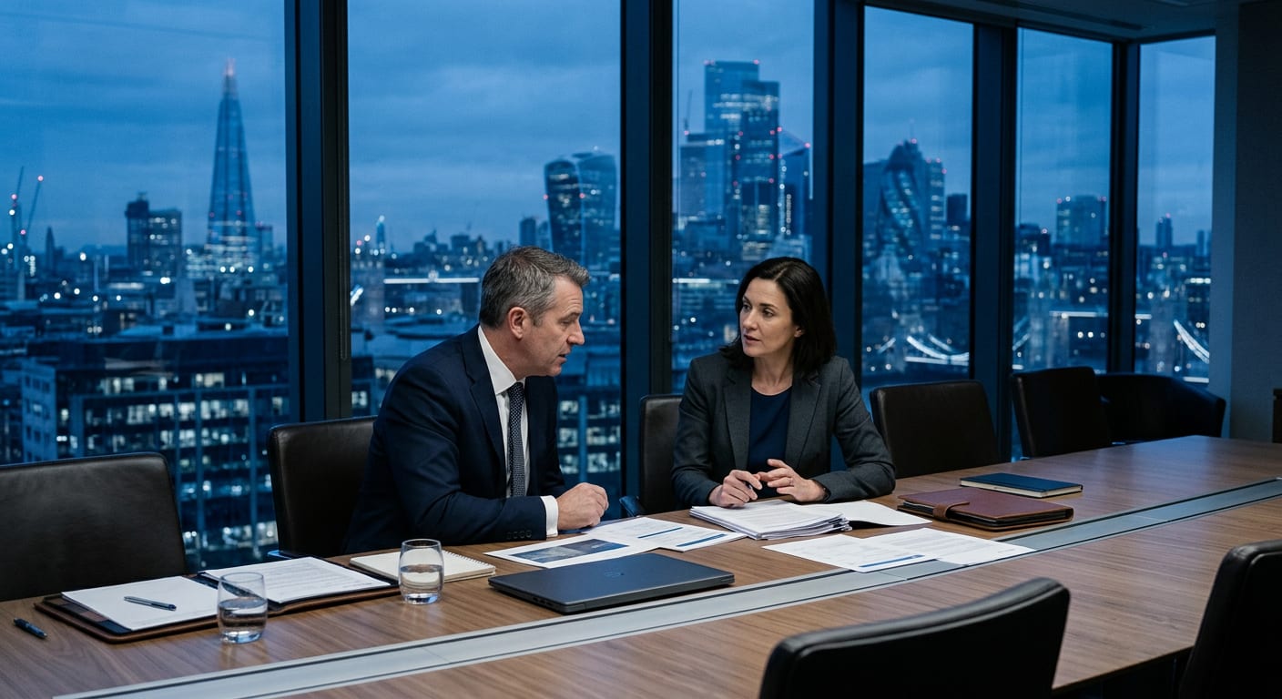 Two executives talk in a boardroom overlooking a city skyline at dusk