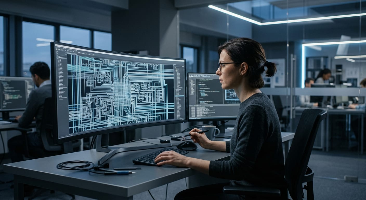 An engineer reviews a detailed semiconductor chip layout on a wide monitor in a design office