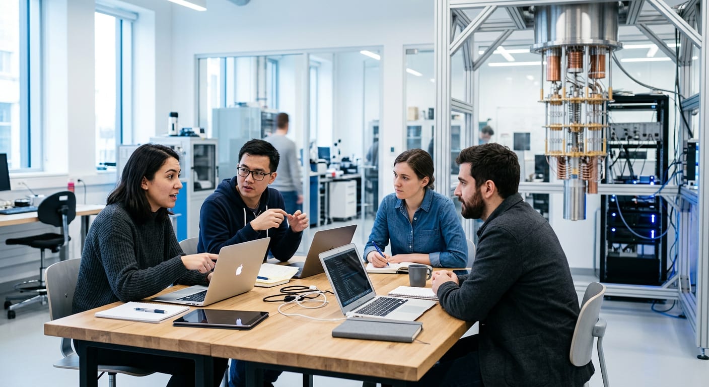 Researchers collaborate around laptops in a bright lab with a quantum computer cryostat in the background