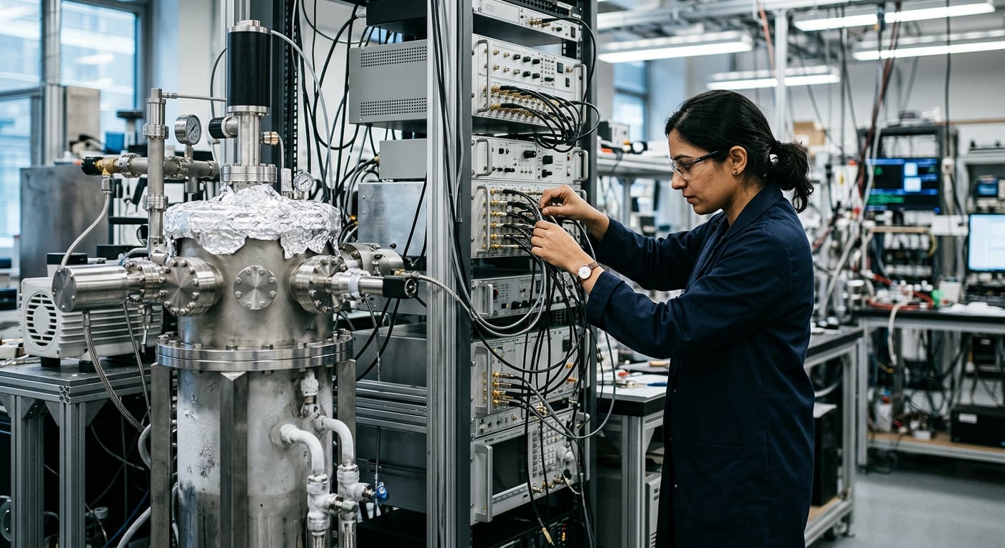 A gleaming dilution refrigerator with layered copper stages and cabling hangs in a quantum computing laboratory lit in deep blue