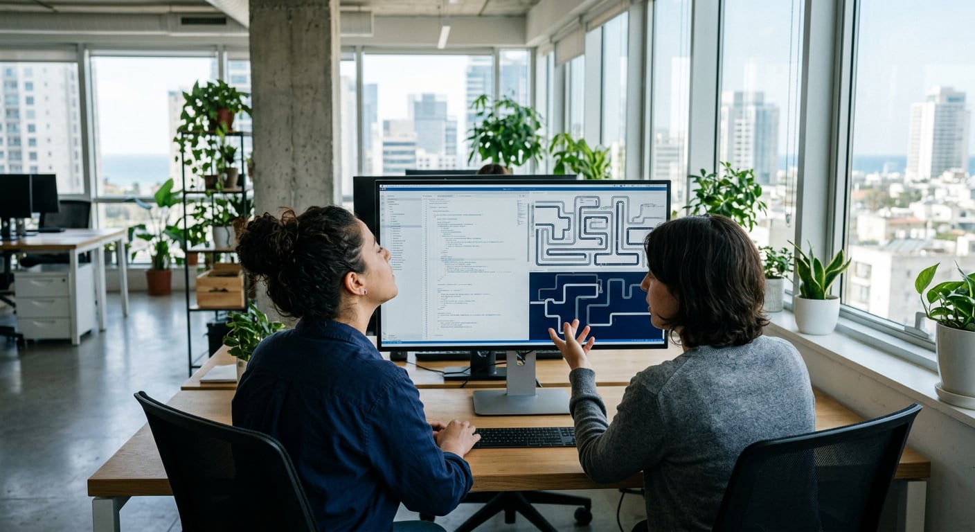 A software developer works at a desk with large monitors showing quantum circuit diagrams in a calm, blue-lit office