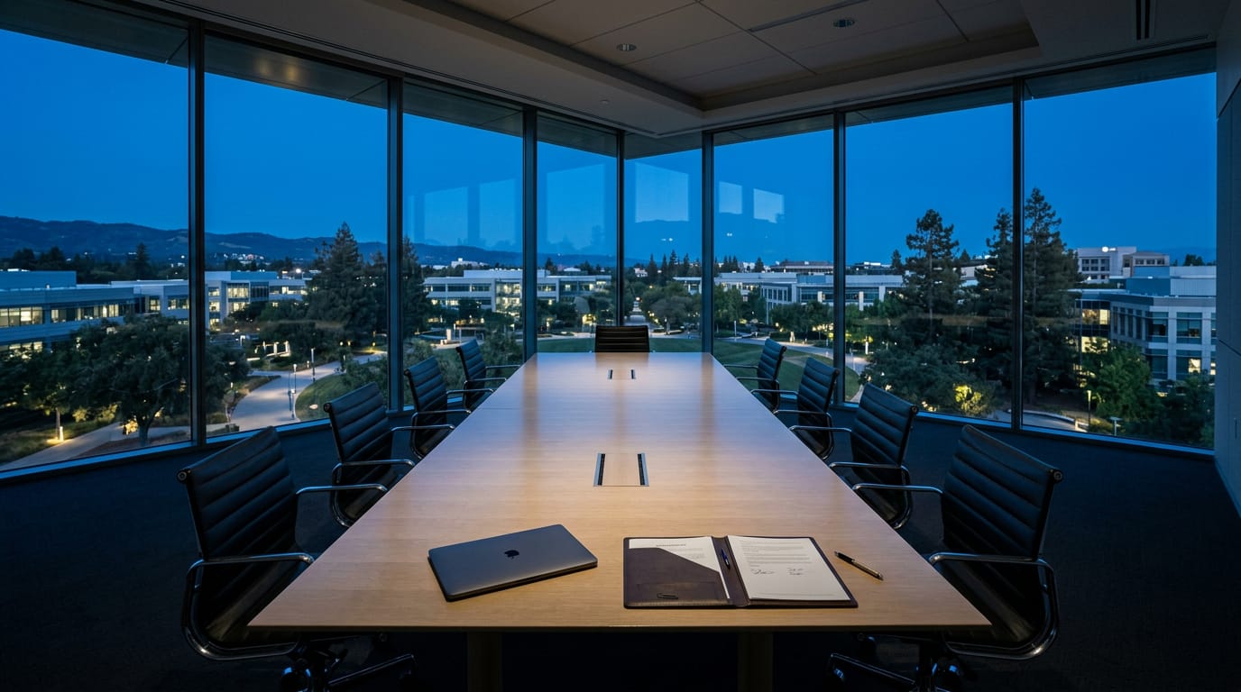 An empty glass-walled boardroom at dusk overlooking a tree-lined Silicon Valley campus