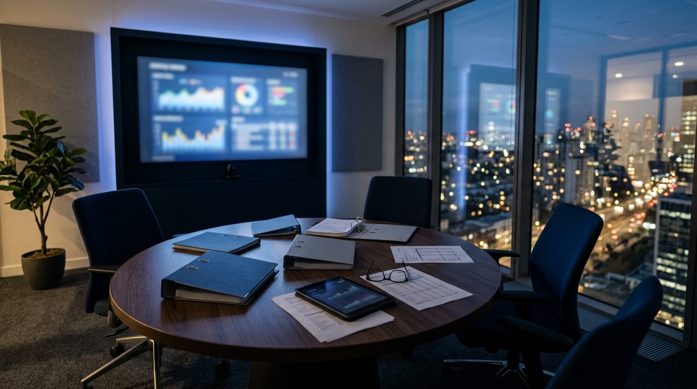 A warehouse-conversion office at night with rows of desks, glowing monitors and arched windows over a city