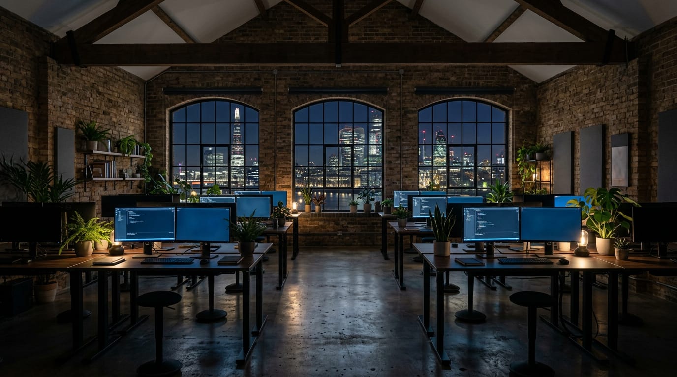 A round meeting table with tablets and papers in a dim office, a dashboard screen glowing on the wall above a city at night